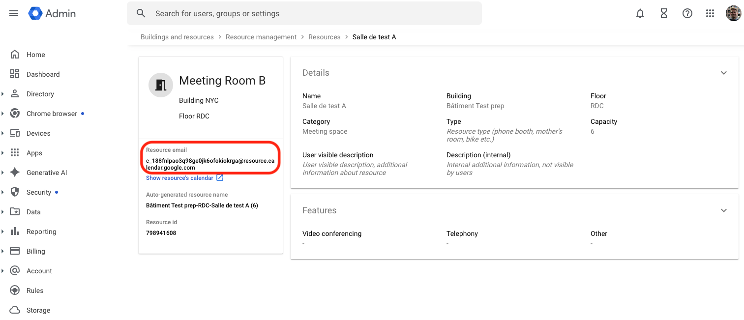 Capture Google Admin - adresse email ressource